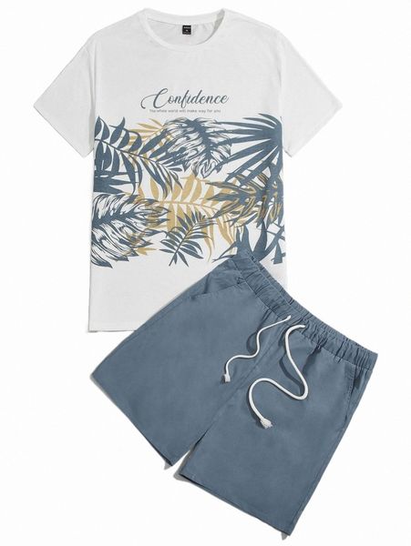

men letter & tropical print tee and shorts set j46y#, Gray