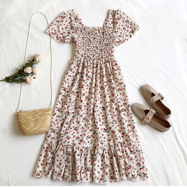 

floral dress boho puff sleeve square neck dress women vintage summer beach dresses korean kawaii ruffle clothes vestidos, Black;gray