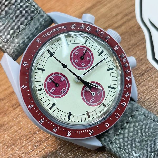 

bioceramic moonswatch swiss quqrtz chronograph mens watch so33g100 mission to earth 42mm real green ceramic blue dial nylon strap with box s, Slivery;brown