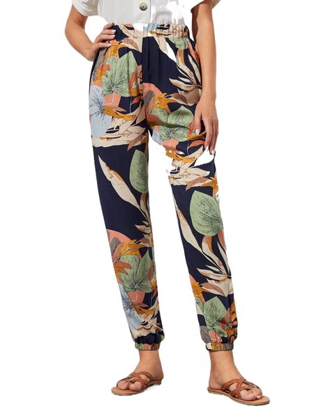 

emery rose high waist tropical print tapered pants z6dw#, Black;white