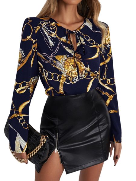 

chain & baroque print tie neck blouse o3di#, White