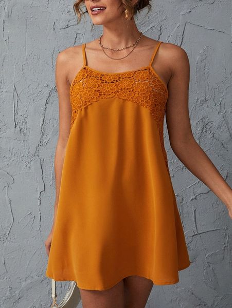 

guipure lace insert cami dress u73b#, Black;gray