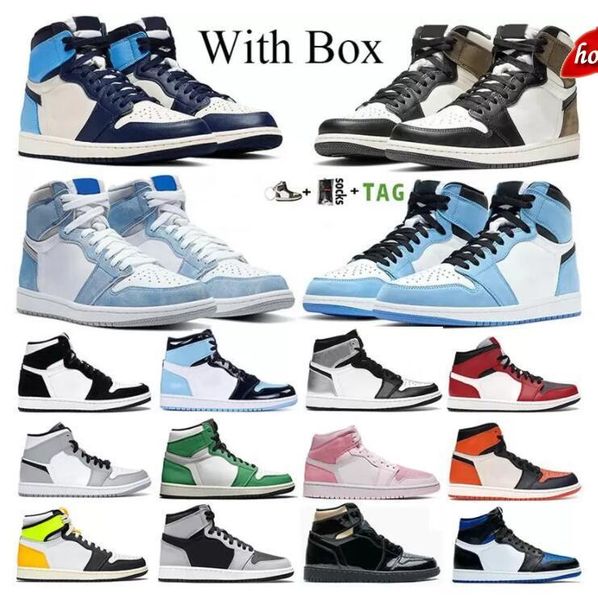 

mens jumpman 1 high og basketball shoes 1s university blue electro orange dark mocha bred shadow unc twist men women sneakers trainers size, Black
