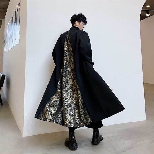 

men's trench coats men vintage pattern splice loose casual long jacket trench coat male japan streetwear hip hop gothic kimono overcoat, Tan;black