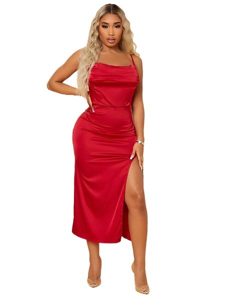 

fold pleated split thigh cami dress j413#, Black;gray