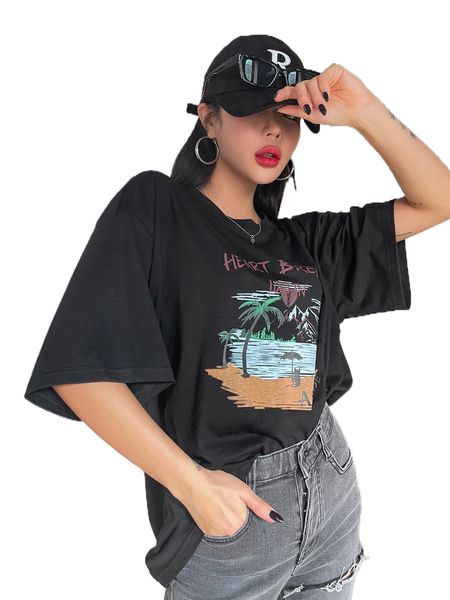 

dazy coconut tree & letter graphic drop shoulder tee r4n9#, White