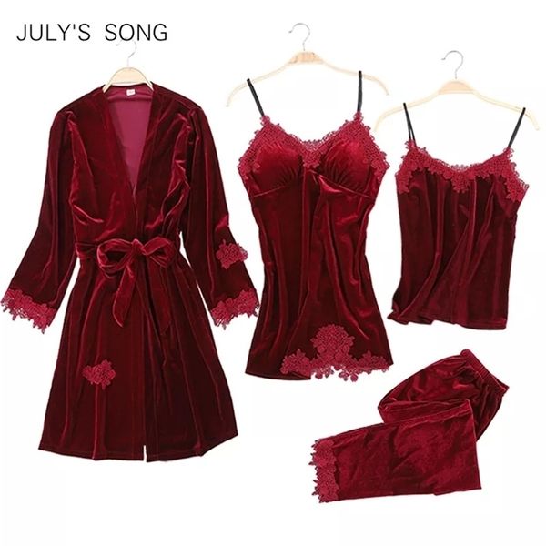 JULY'S SONG Женский зимний бархатный комплект из 4 предметов, сексуальный пижамный комплект, халат, кружевные шорты на бретельках, теплый халат, одежда для сна, женская пижама 220321