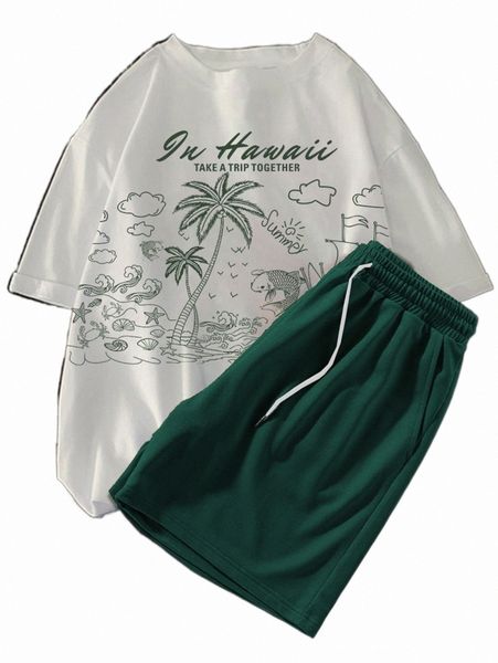 

extended sizes men letter & tropical print tee & shorts q8g6#, Gray