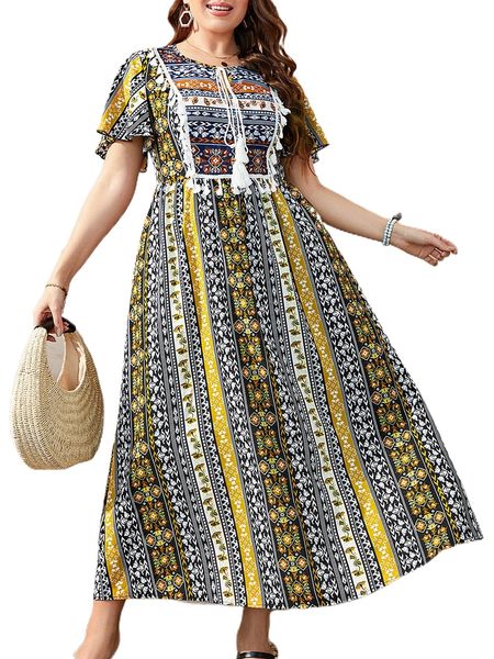 

plus geo & floral print butterfly sleeve tassel tie neck dress l1g6#, Black