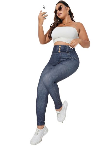 

plus button print wideband waist leggings h9jb#, Black