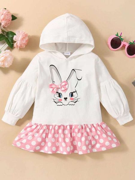 

baby polka dot & rabbit print bow ruffle hem hoodie dress she, Black