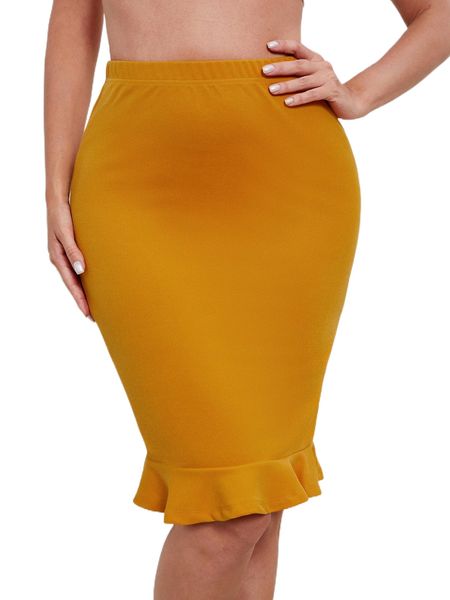 

solid ruffle hem pencil skirt v19x#, Black