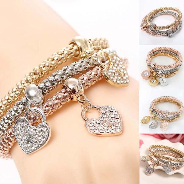 Braccialetti con ciondoli 3 pezzi / set Zircone Bracciale in argento dorato Braccialetti di mais elastico Moda Braccialetti di cristallo Gioielli da donna Fai da te Fine Regalo per feste Rodn22