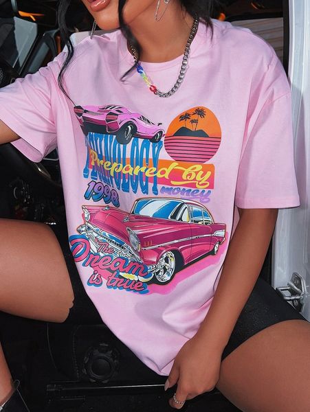 

sxy car & letter graphic drop shoulder oversized tee g9by#, White