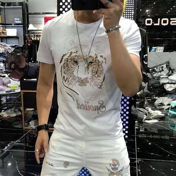 

summer men's new t-shirt trend drill slim round neck pure cotton half sleeve m--5xl, White;black