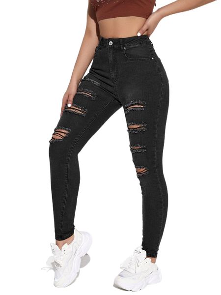 

high waisted ripped skinny jeans y5ia#, Blue