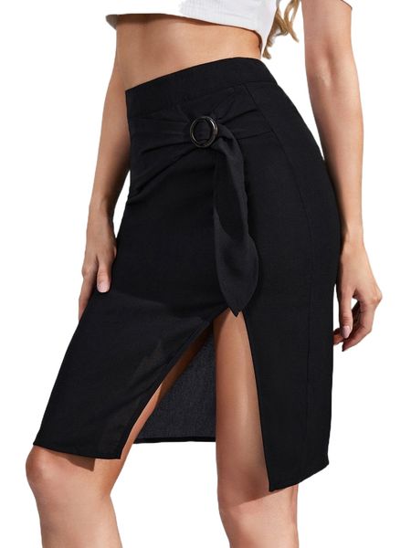 

buckle detail draped side slit skirt d2pn#, Black