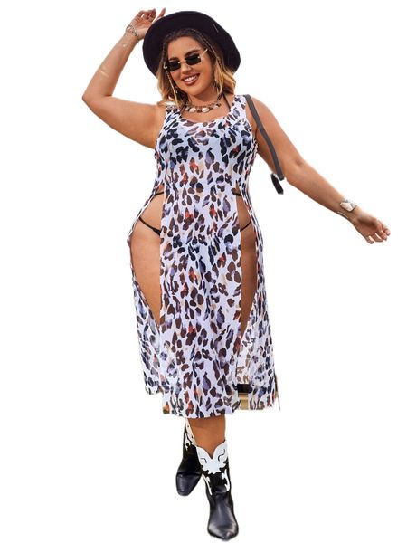 

plus 3pack allover print -slit hem bikini swimsuit e51y#, White;black