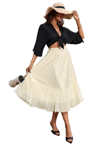 

pearl beaded pleated mesh skirt r9hd#, Black