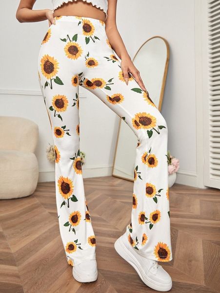 

petite sunflower print flare leg pants g7mb#, Black;white