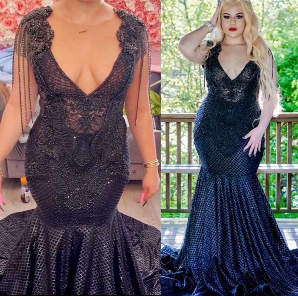 

2022 plus size arabic aso ebi black mermaid luxurious prom dresses beaded crystals evening formal party second reception birthday engagement