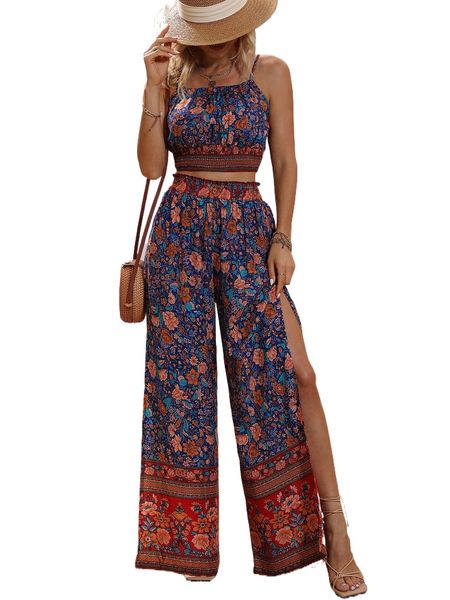 

floral print cami & paperbag waist split thigh pants v3b1#, White