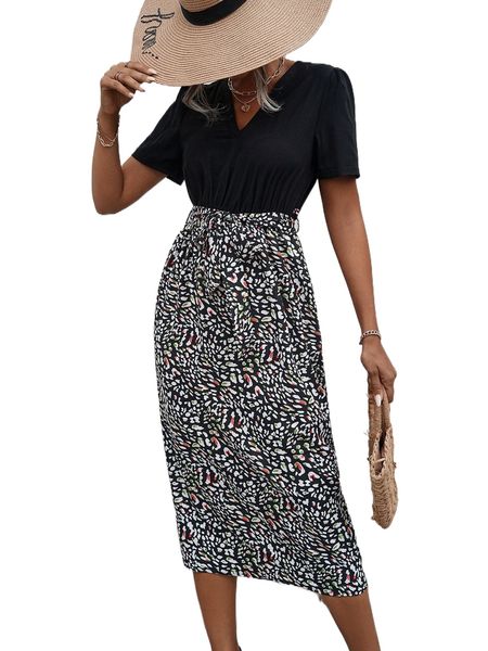 

leopard print split back dress z40j#, Black;gray
