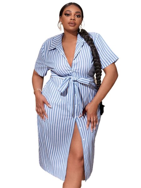 

sxy plus striped print button front belted dress a1zv#, Black