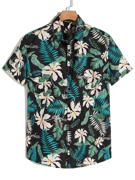 

romwe guys tropical floral print shirt 50i8#, White;black