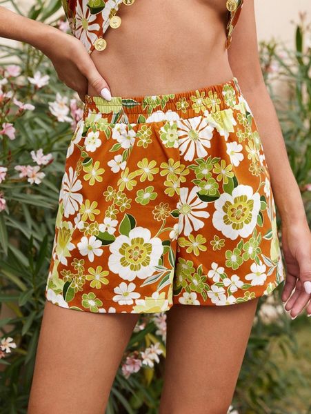 

floral print elastic waist shorts n2g4#, White;black