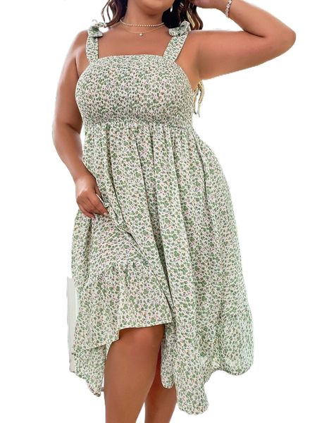 

plus ditsy floral shirred knot shoulder cami dress n78h#, Black