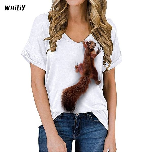 Esquilo feminino t-shirt Adorável gráfico T animal Impressão de algodão em v-pescoço bonito tops meninas animais de estimação t-shirt 220328