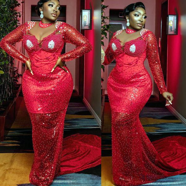 

2022 plus size arabic aso ebi red mermaid luxurious prom dresses crystals beaded evening formal party second reception birthday engagement g, Black