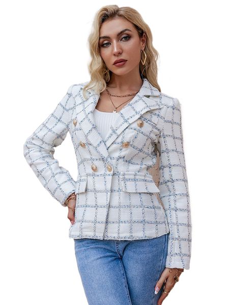 

simplee double breasted plaid tweed crop overcoat a5jk#, Black