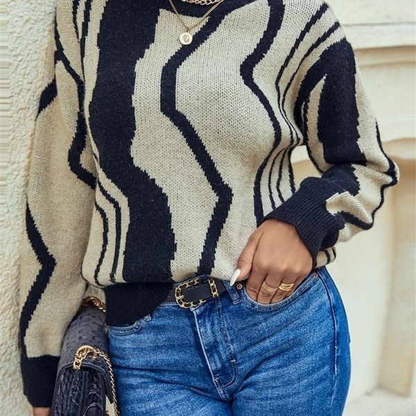 

noosgop black beige patchwork knit colorblock strips long sleeves o neck loose fitting autumn winter women pullover sweater 220817, White;black