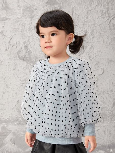 

sheen little girl's lantern sleeve polka dot mesh shirt she, White;black