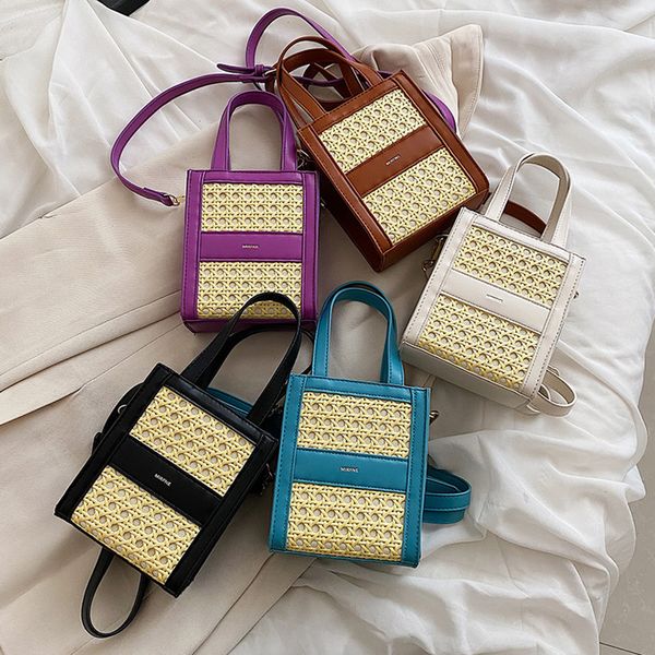

luxury children hollow grass weaving handbags kids patchwork color messenger phone bag children single shoulder bags purse q6179, Black