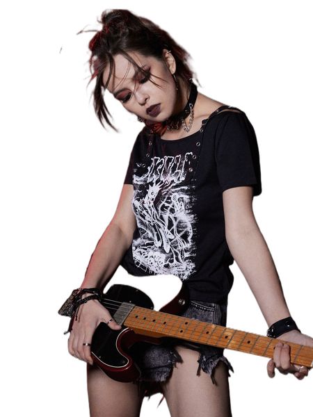 

romwe punk rock letter skull graphic grommet eyelet tee i3hw#, White