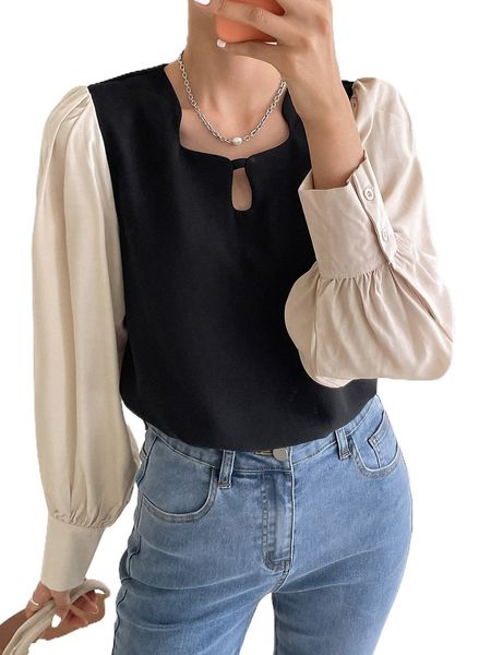

dazy color block flounce sleeve l8tw#, White