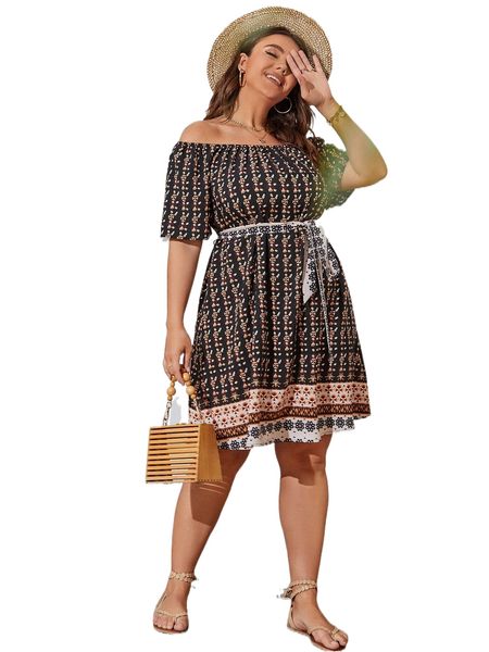 

plus all over print off shoulder dress q72k#, Black