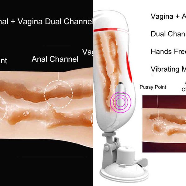 NXY Masturbatori Dual Channel Vagina Anal Masturbation Cup Pompino Pompa per pene reale Vibratore Mastrubator maschio per uomo Sex Giocattoli erotici 220507