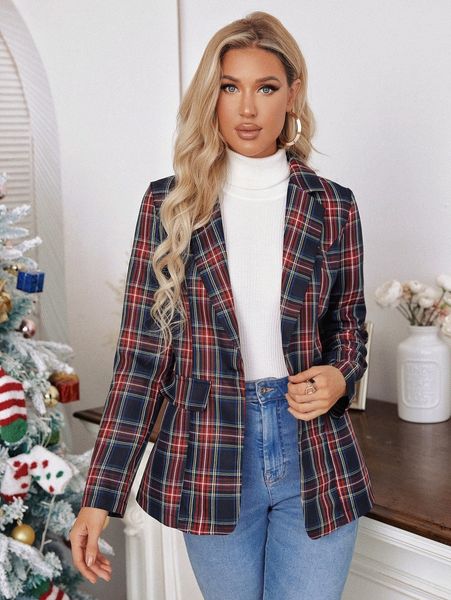 

single button tartan print blazer z2r1#, White