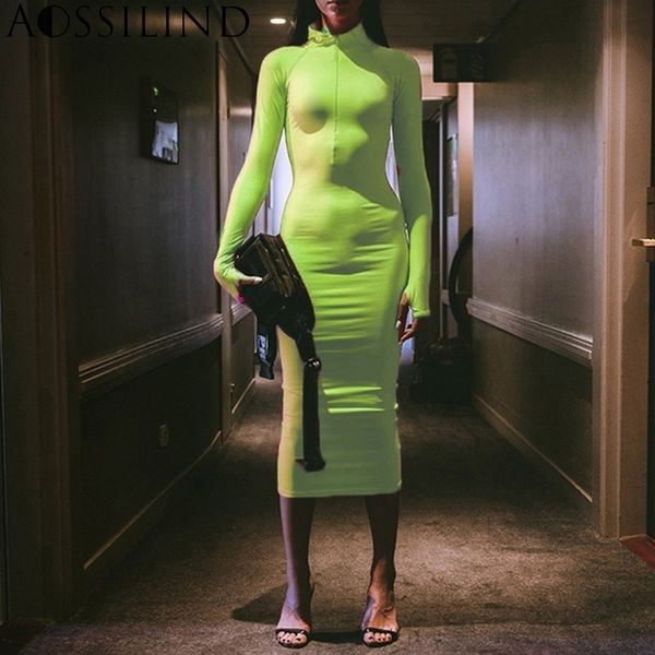 

aossilind autumn winter long sleeve turtleneck zipper bodycon midi dresse casual sheath long party club dresses y200101, White;black