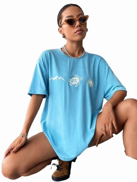 

turtle & sun print drop shoulder tee d5vm#, White