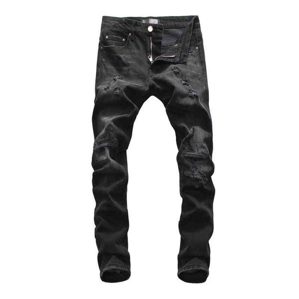 

men's jeans high street fashion grey black washed hole beggar slim fit four seasons straight leg micro elastic personalized jeans men t, Blue