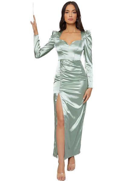 

gigot sleeve ruched split thigh satin dress o0hj#, Black;gray