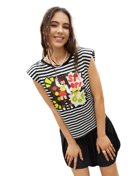 

x zsossia figure & letter & striped print shoulder padded tank 65fm#, White