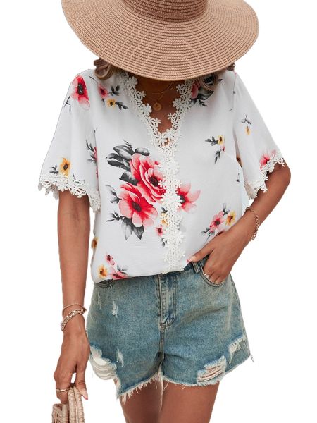 

floral print contrast guipure lace blouse q7tt#, White