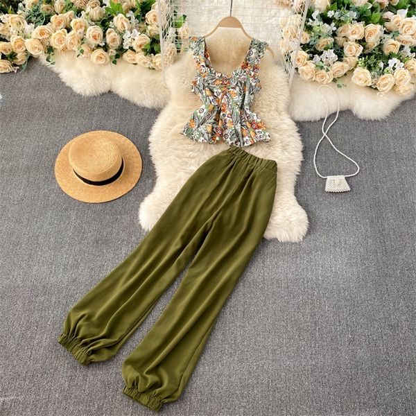 

summer two-piece suit women's short floral wood ears square neck camisole high waist wide leg carrot pants uk857 210302, White