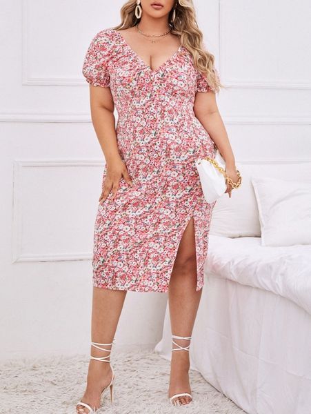 

plus allover floral print puff sleeve split thigh dress i6uo#, Black